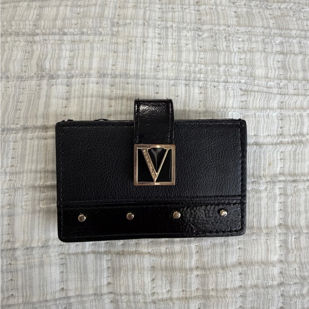 Black Leather Card Holder with V Logo